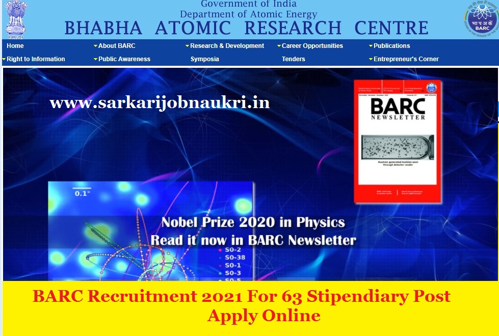 BARC Recruitment 2021 For 63 Stipendiary Post Apply Online