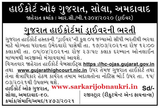 High Court of Gujarat Recruitment 2021 For Driver Post Apply Online