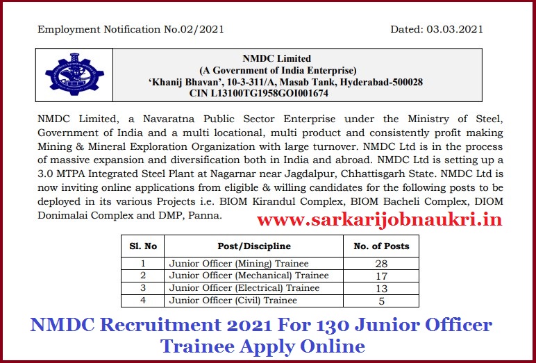 NMDC Recruitment 2021 For 130 Junior Officer Trainee Apply Online